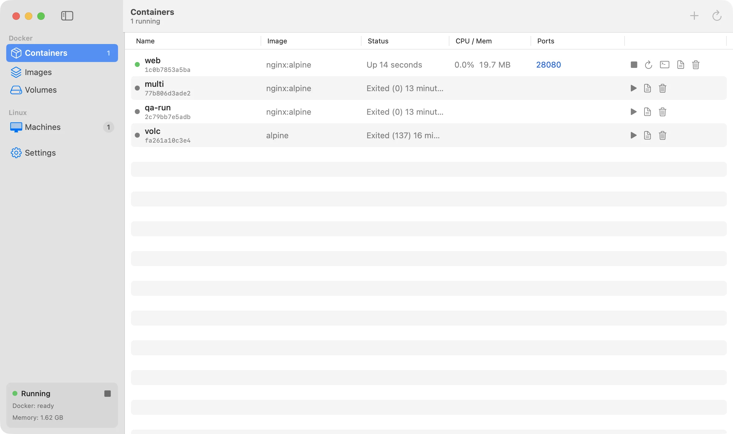 The Cove app showing a list of Docker containers with their image, status, CPU and memory use, and published ports